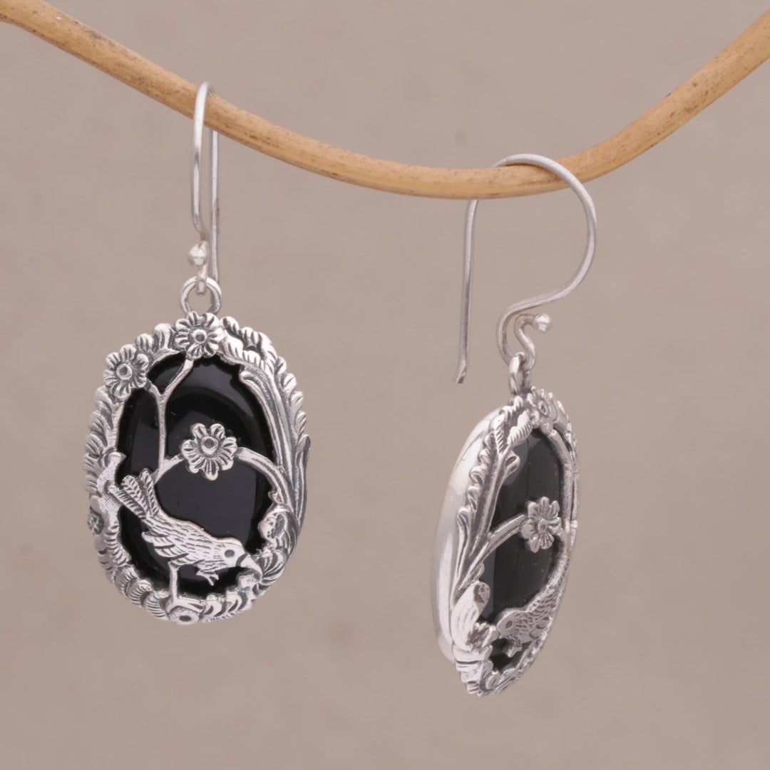 Onyx and Silver Bird-Themed Dangle Earrings - Avian Curiosity