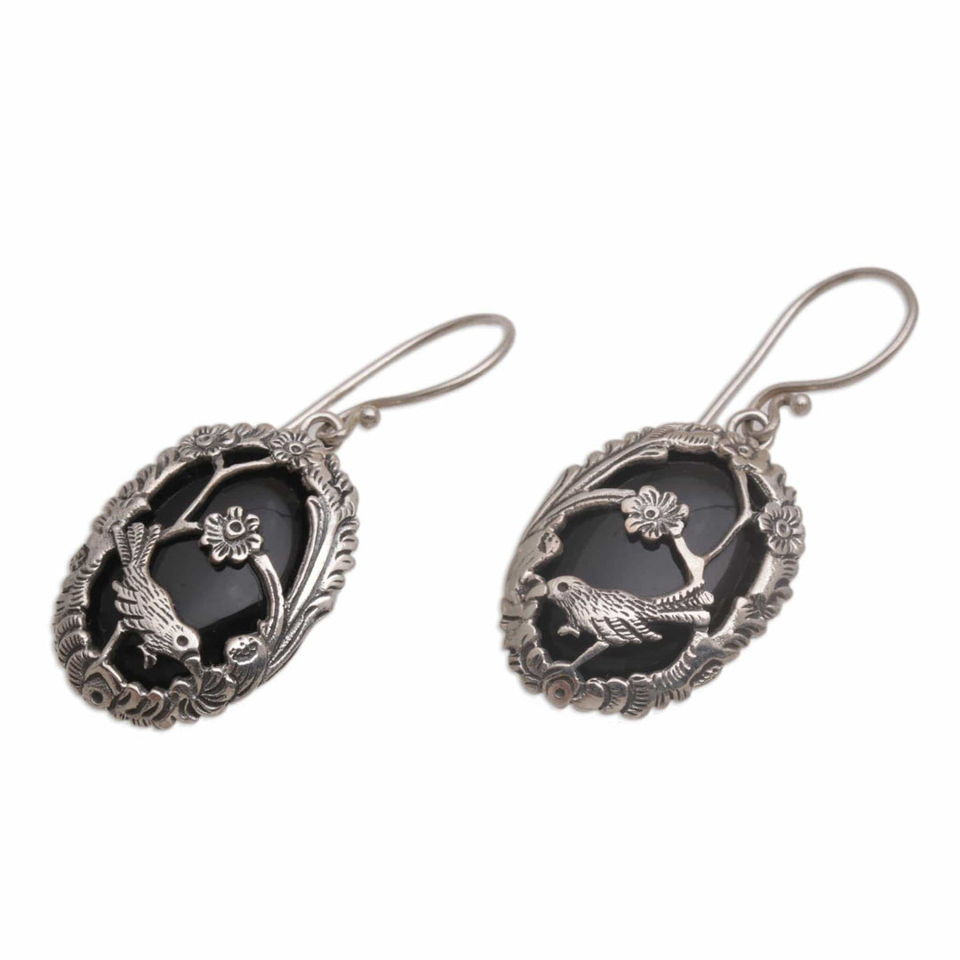 Onyx and Silver Bird-Themed Dangle Earrings - Avian Curiosity