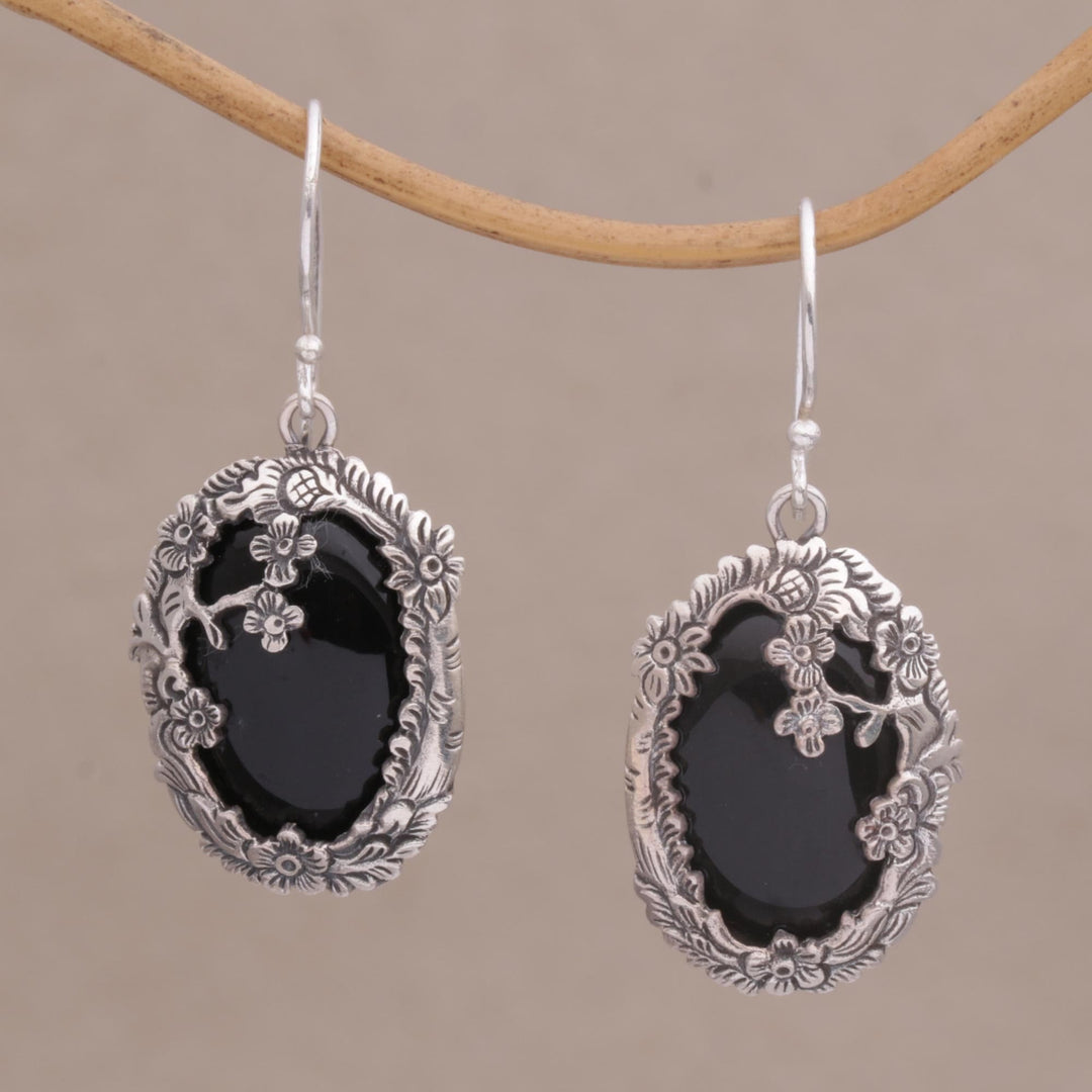 Onyx and Sterling Silver Floral Dangle Earrings - Dreamy Forest