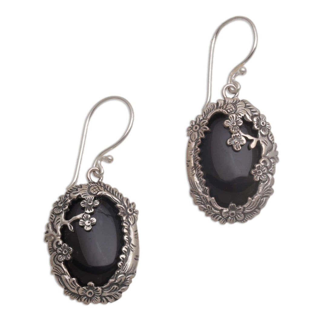 Onyx and Sterling Silver Floral Dangle Earrings - Dreamy Forest