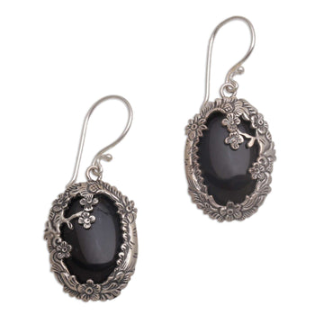 Onyx and Sterling Silver Floral Dangle Earrings - Dreamy Forest