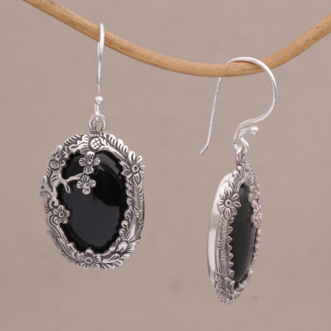 Onyx and Sterling Silver Floral Dangle Earrings - Dreamy Forest