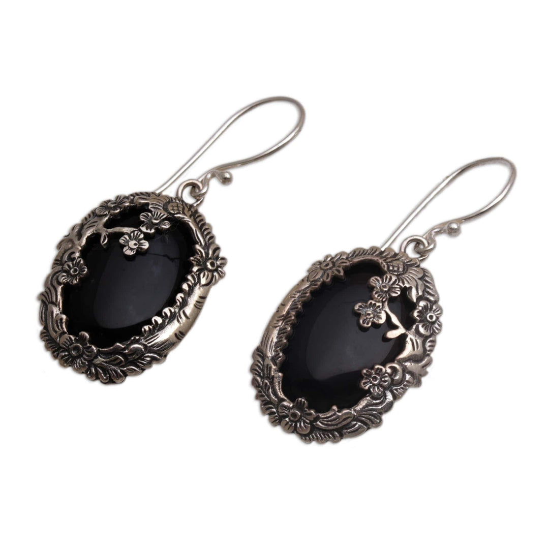 Onyx and Sterling Silver Floral Dangle Earrings - Dreamy Forest