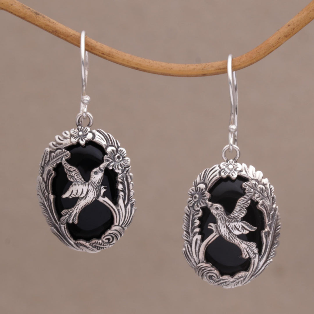 Onyx and Silver Bird-Themed Dangle Earrings - Nature's Freedom