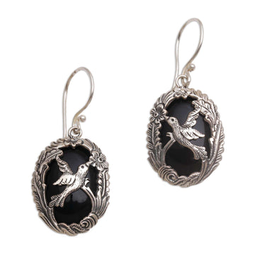 Onyx and Silver Bird-Themed Dangle Earrings - Nature's Freedom