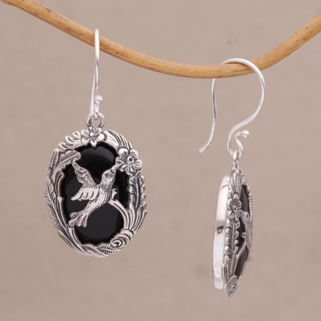 Onyx and Silver Bird-Themed Dangle Earrings - Nature's Freedom