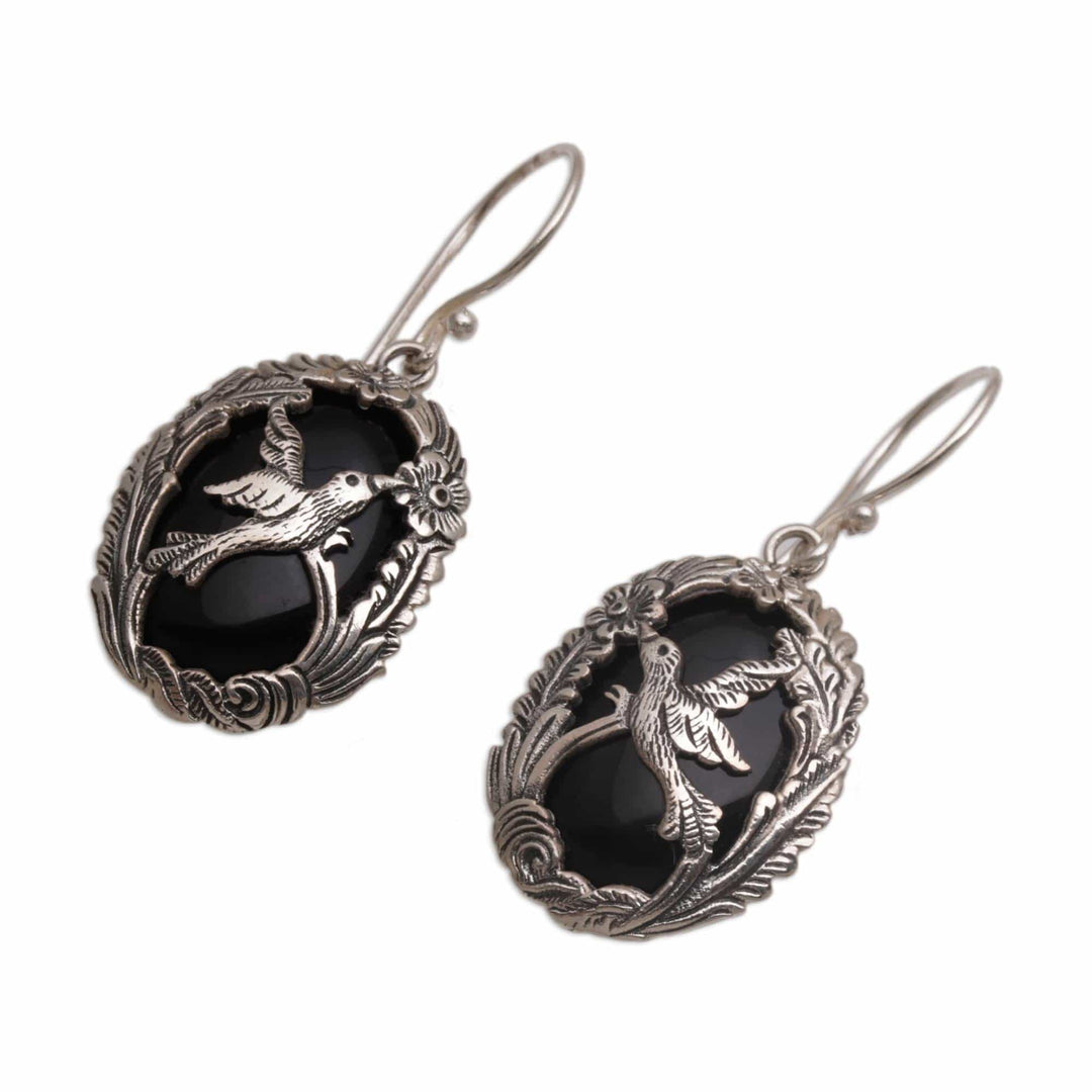 Onyx and Silver Bird-Themed Dangle Earrings - Nature's Freedom