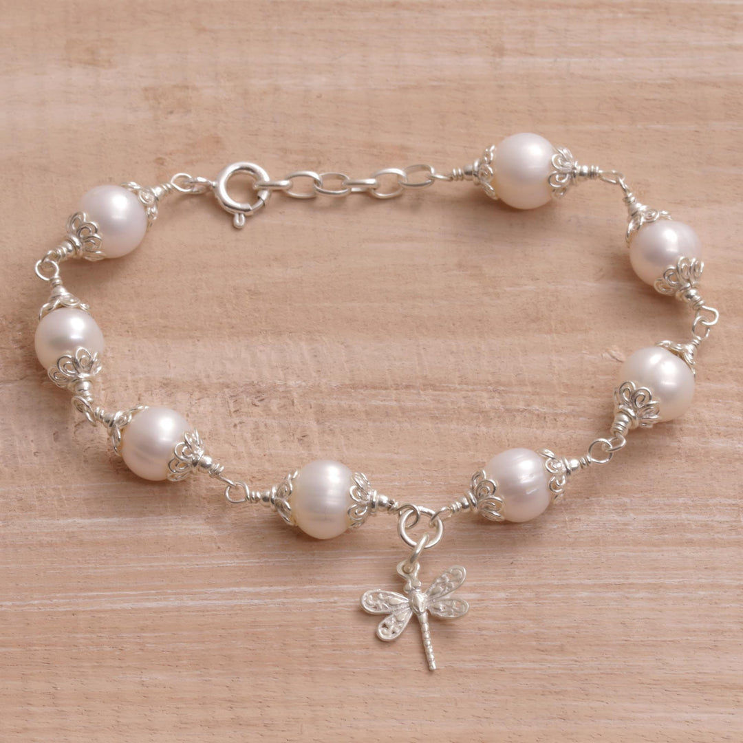 Cultured Pearl and Sterling Silver Dragonfly Charm Bracelet - Moonlight Dragonfly