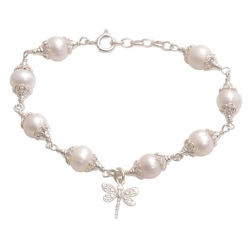 Cultured Pearl and Sterling Silver Dragonfly Charm Bracelet - Moonlight Dragonfly