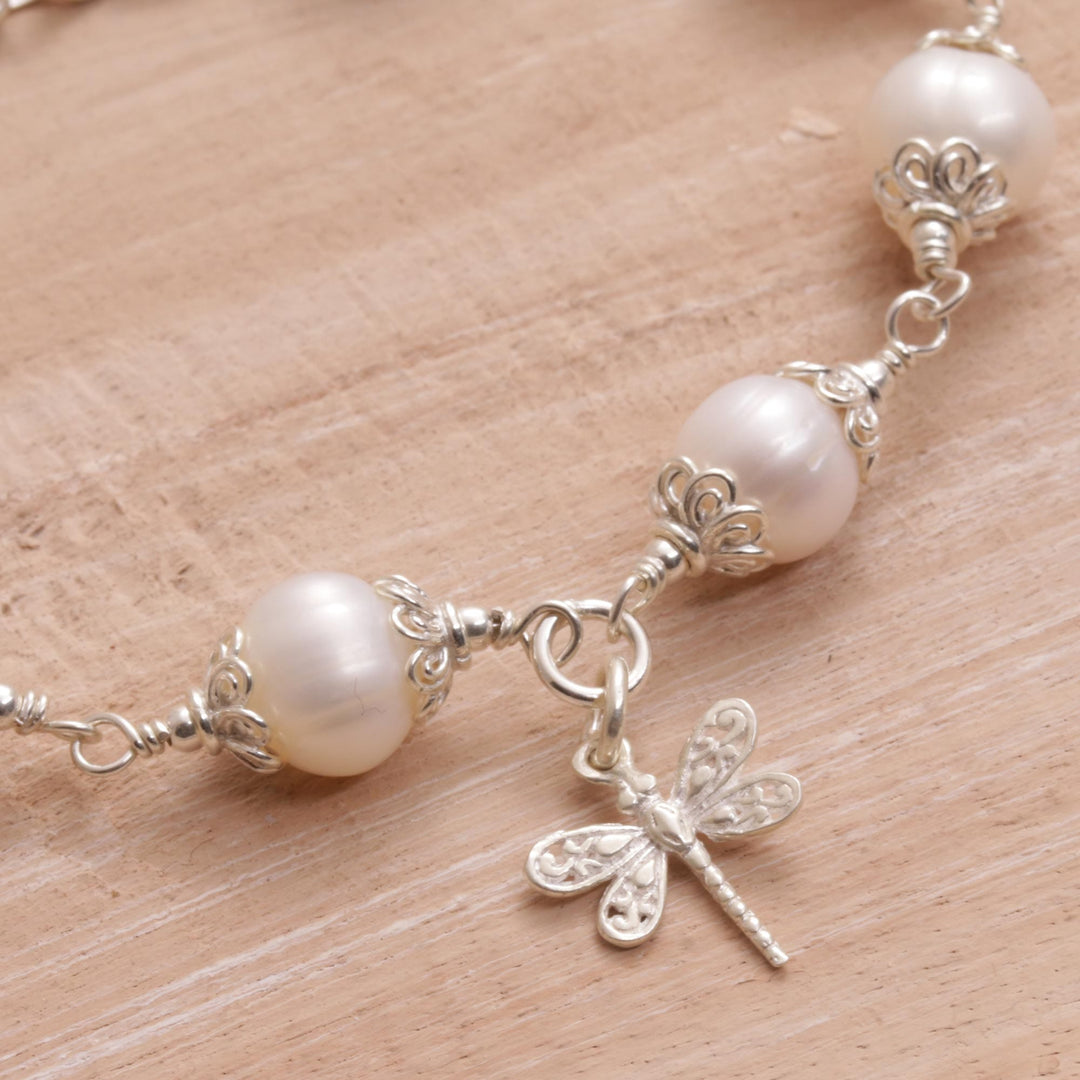 Cultured Pearl and Sterling Silver Dragonfly Charm Bracelet - Moonlight Dragonfly