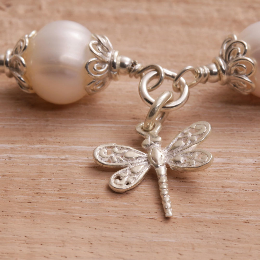 Cultured Pearl and Sterling Silver Dragonfly Charm Bracelet - Moonlight Dragonfly