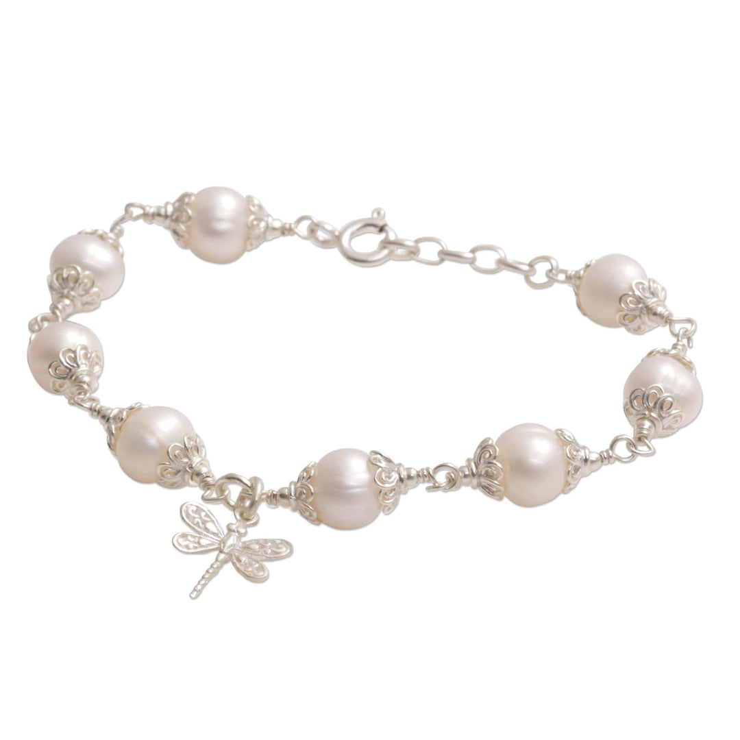 Cultured Pearl and Sterling Silver Dragonfly Charm Bracelet - Moonlight Dragonfly