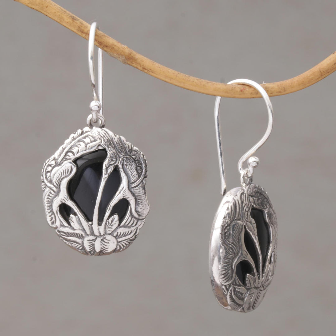 Onyx and Sterling Silver Calla Lily Dangle Earrings - Floral Plains