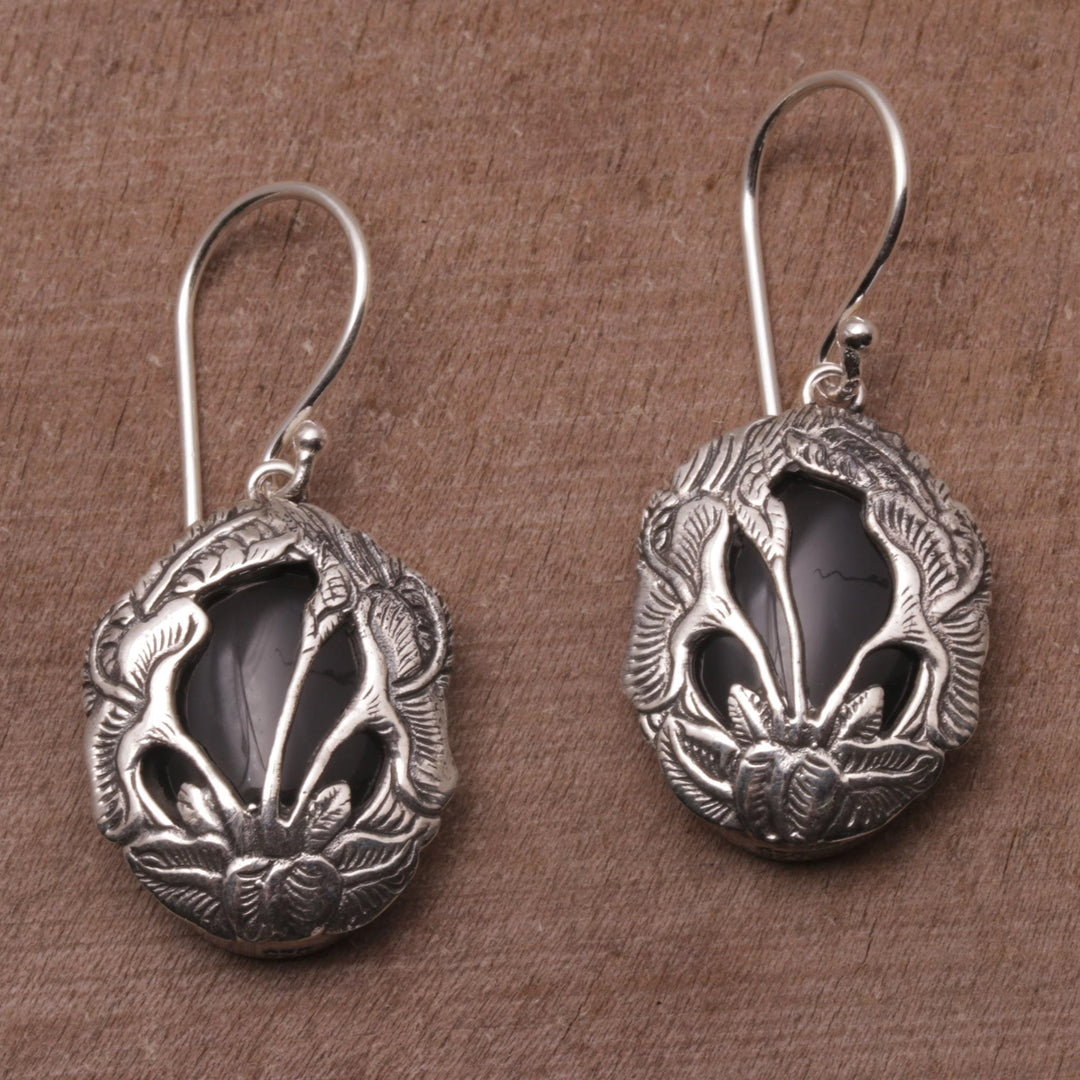 Onyx and Sterling Silver Calla Lily Dangle Earrings - Floral Plains