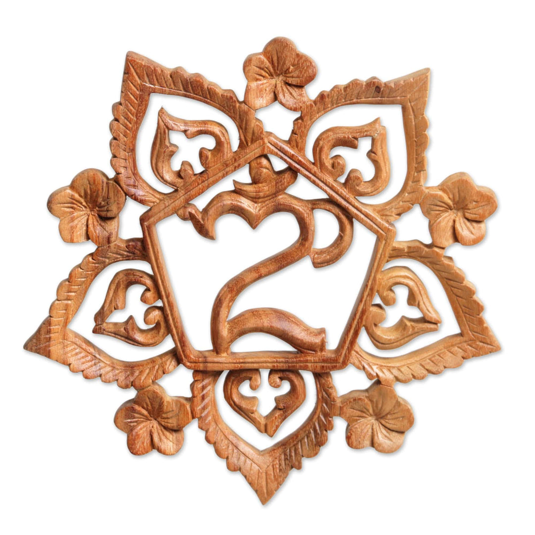 Handcrafted Floral Om Suar Wood Relief Panel - Om in Petals