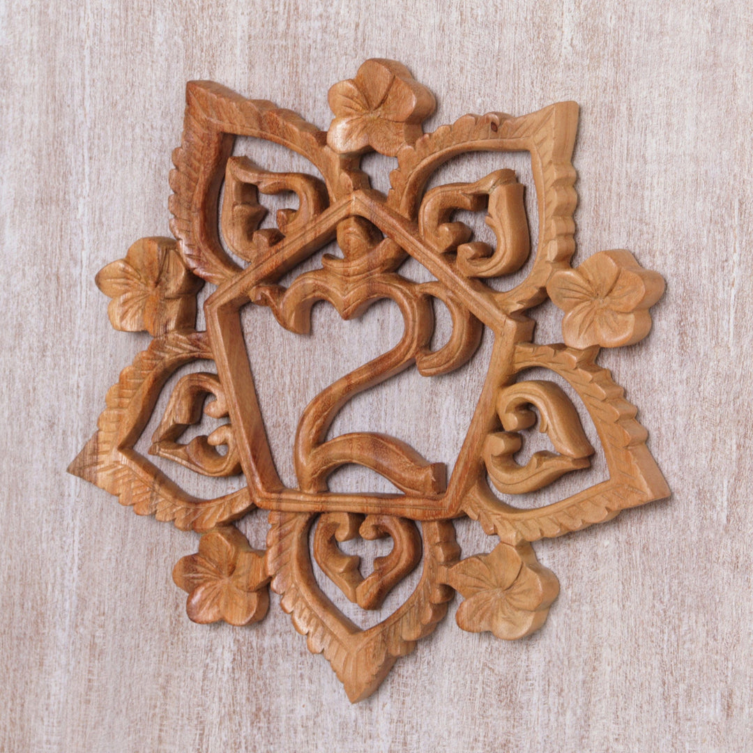 Handcrafted Floral Om Suar Wood Relief Panel - Om in Petals