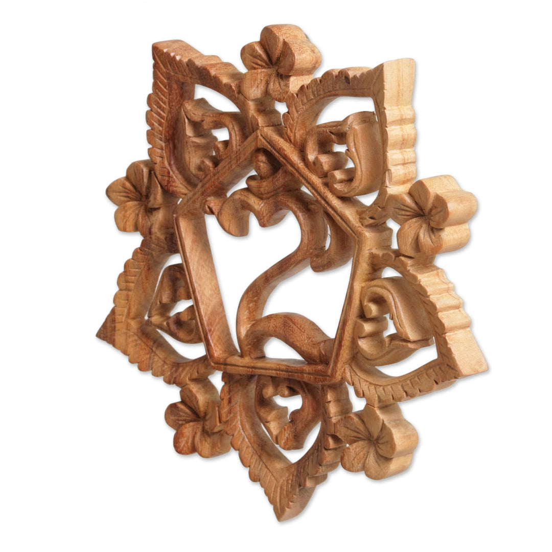 Handcrafted Floral Om Suar Wood Relief Panel - Om in Petals