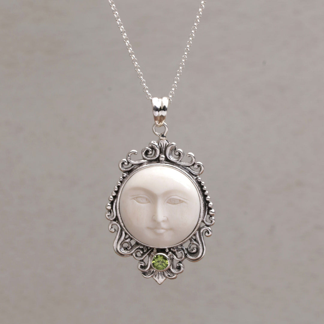 Peridot and Bone Moon Pendant Necklace - Moonlight Stare