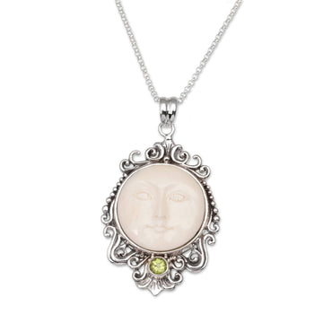 Peridot and Bone Moon Pendant Necklace - Moonlight Stare