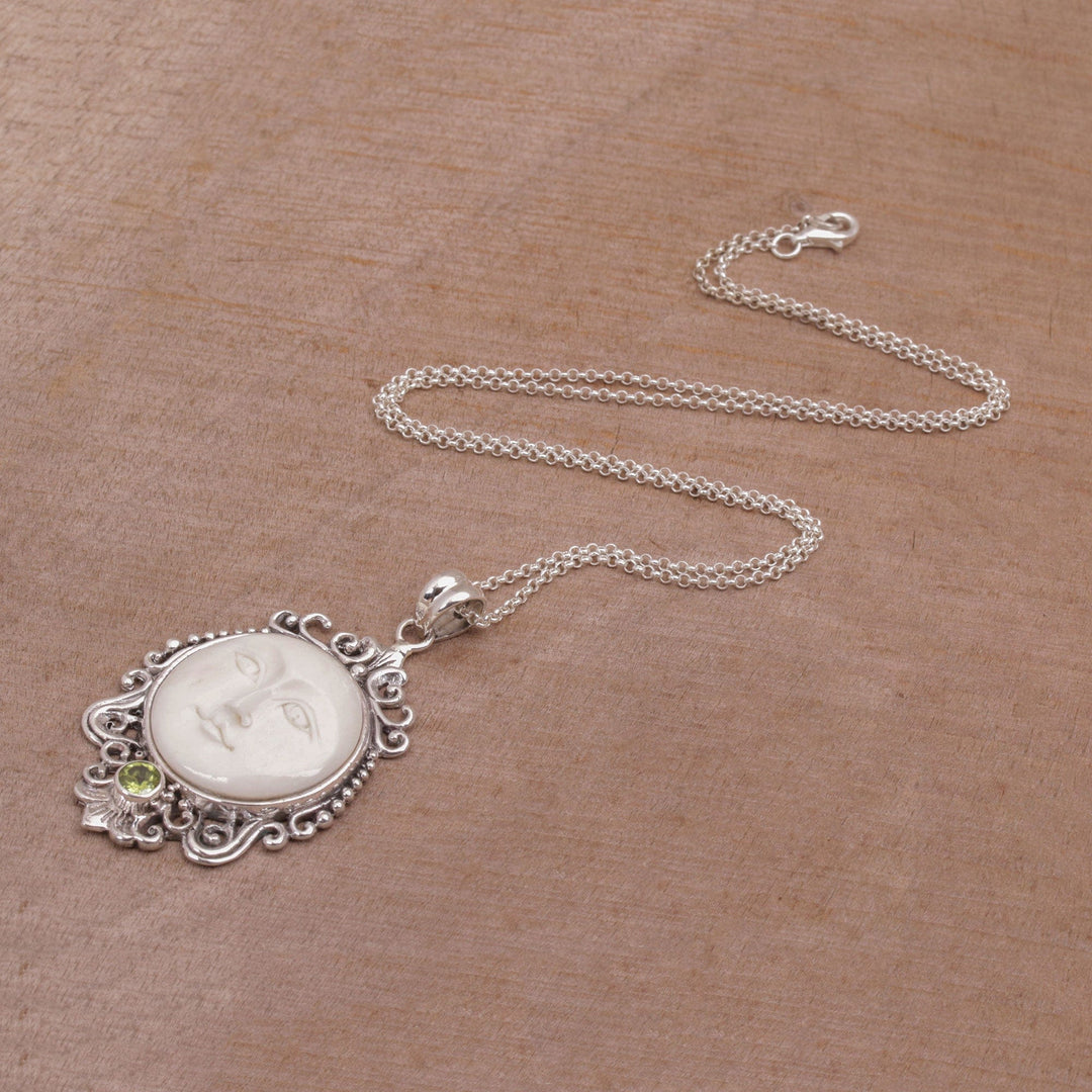 Peridot and Bone Moon Pendant Necklace - Moonlight Stare