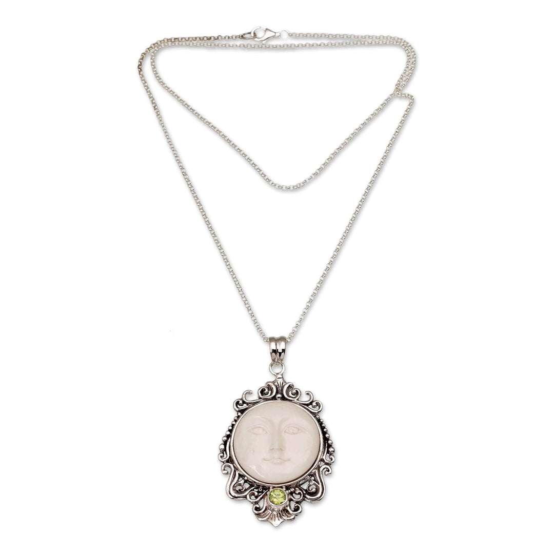 Peridot and Bone Moon Pendant Necklace - Moonlight Stare