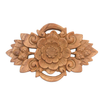 Lotus Flower Wall Relief Panel in Hand Carved Suar Wood - Lotus Crest