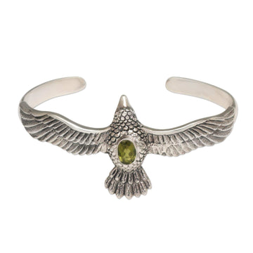 Peridot Hawk Motif Cuff Bracelet in Sterling Silver - Spirit Hawk