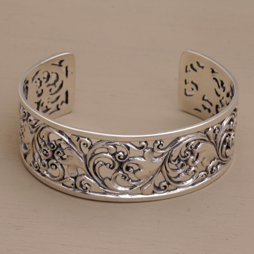 Detailed Sterling Silver Vine and Leaf Cuff Bracelet - Undergrowth