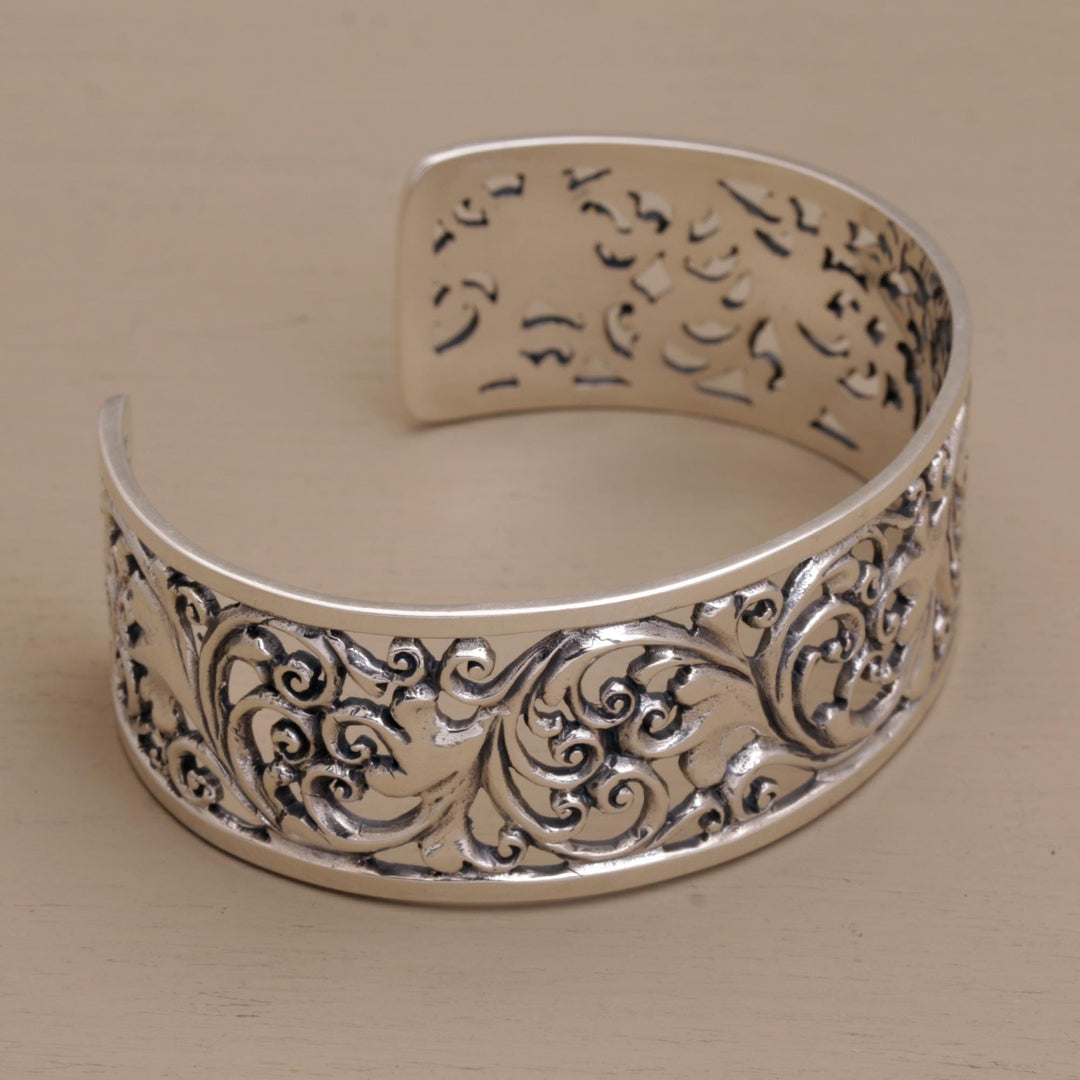 Detailed Sterling Silver Vine and Leaf Cuff Bracelet - Undergrowth