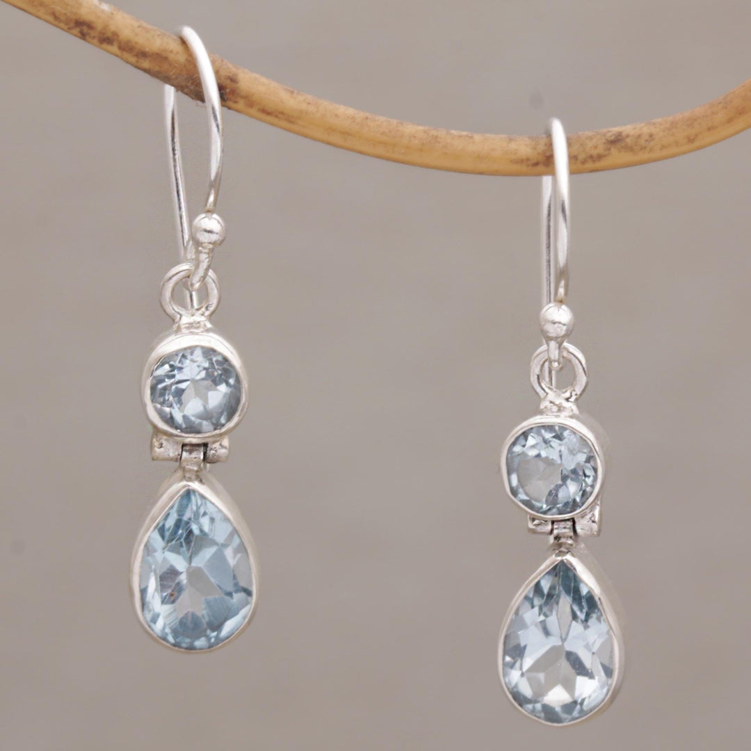 Blue Topaz Dangle Earrings in Sterling Silver Bezels - Double Drops