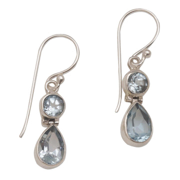 Blue Topaz Dangle Earrings in Sterling Silver Bezels - Double Drops