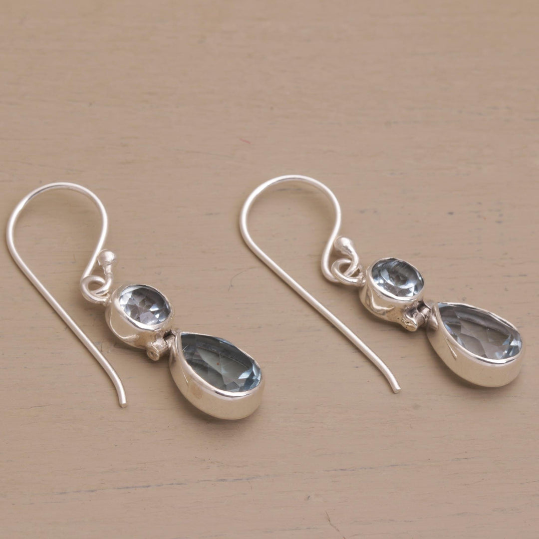 Blue Topaz Dangle Earrings in Sterling Silver Bezels - Double Drops