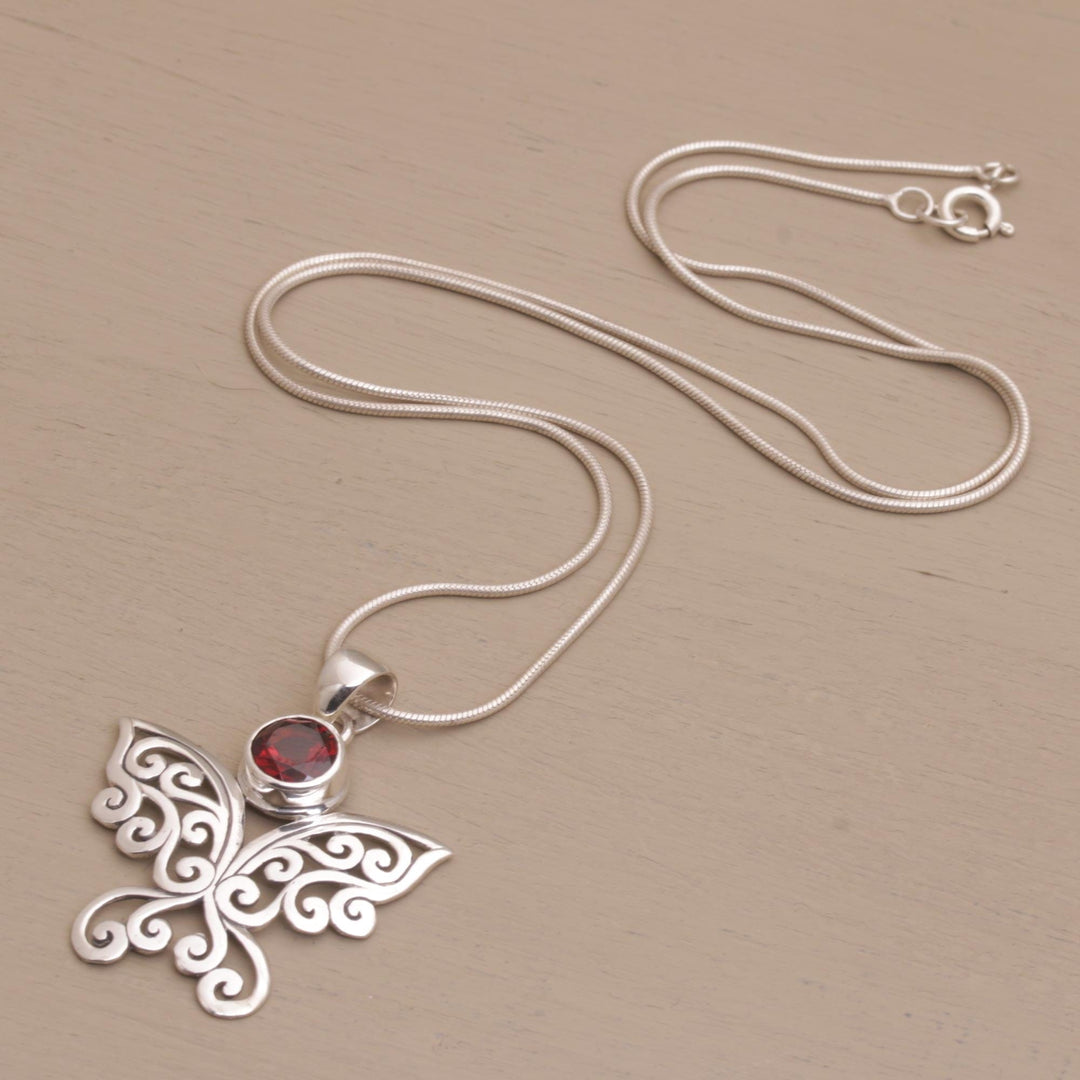 Garnet and Sterling Silver Butterfly Necklace - Butterfly Secret