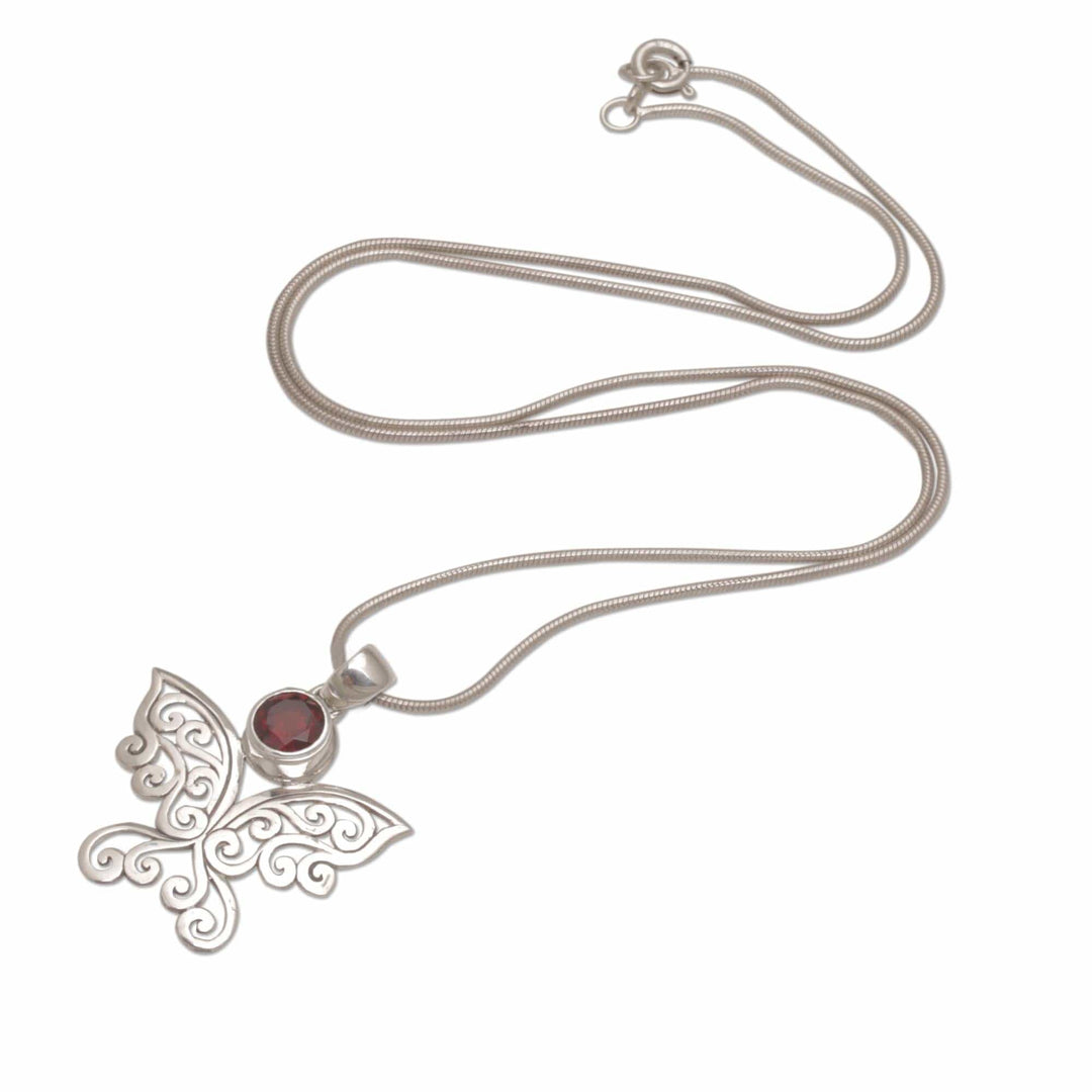 Garnet and Sterling Silver Butterfly Necklace - Butterfly Secret
