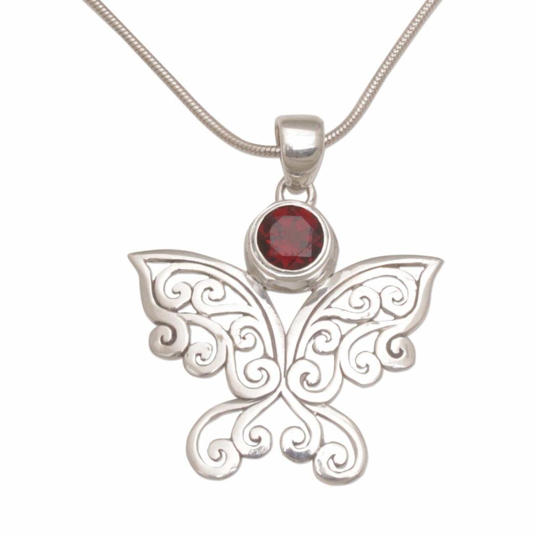 Garnet and Sterling Silver Butterfly Necklace - Butterfly Secret