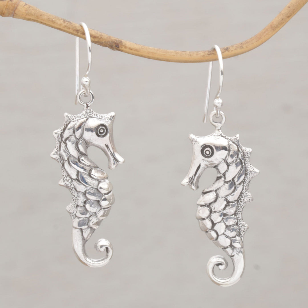 Seahorse Motif Dangle Earrings in Sterling Silver - Friendly Seahorse