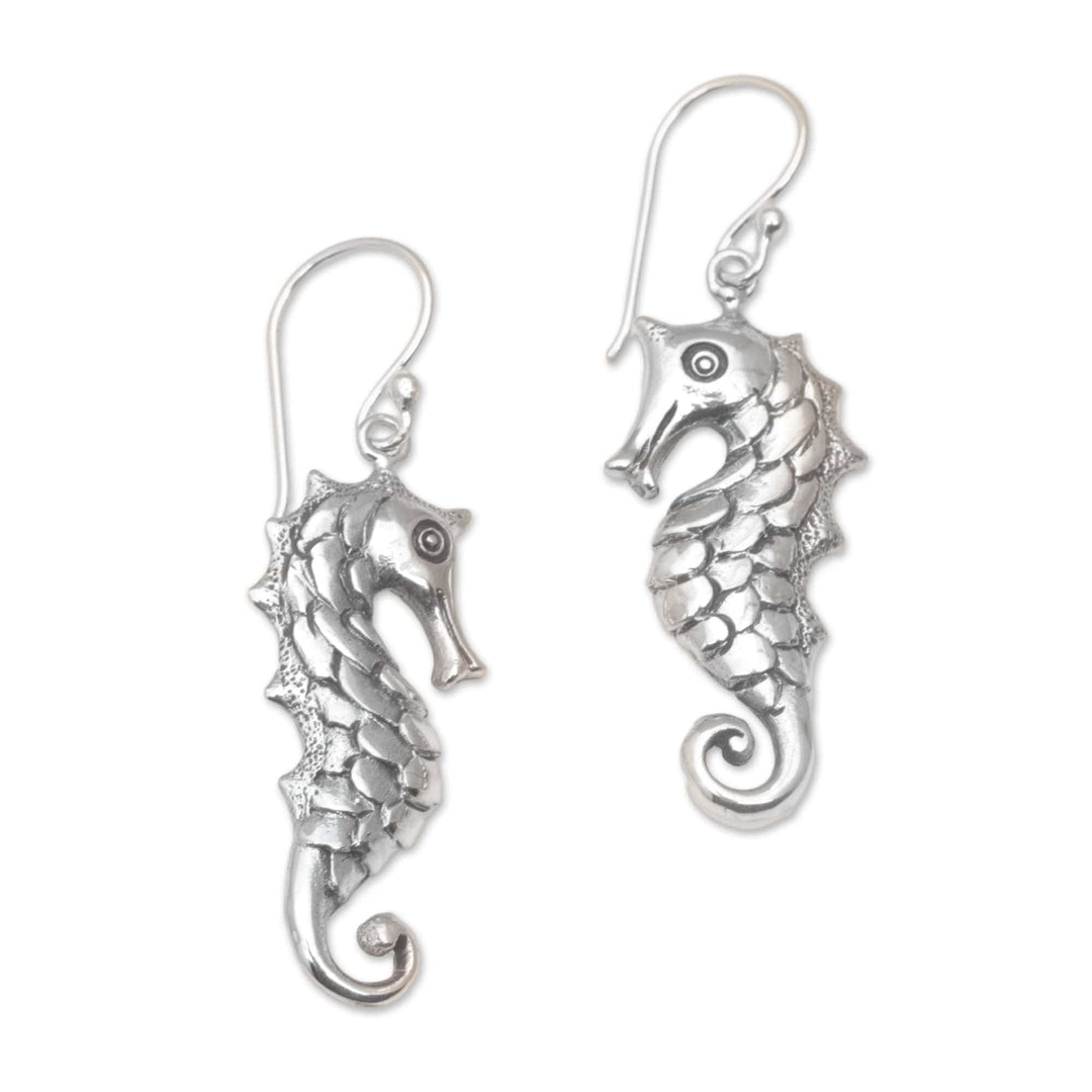 Seahorse Motif Dangle Earrings in Sterling Silver - Friendly Seahorse