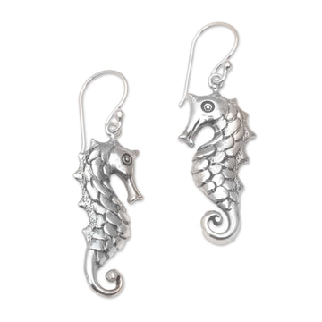 Seahorse Motif Dangle Earrings in Sterling Silver - Friendly Seahorse