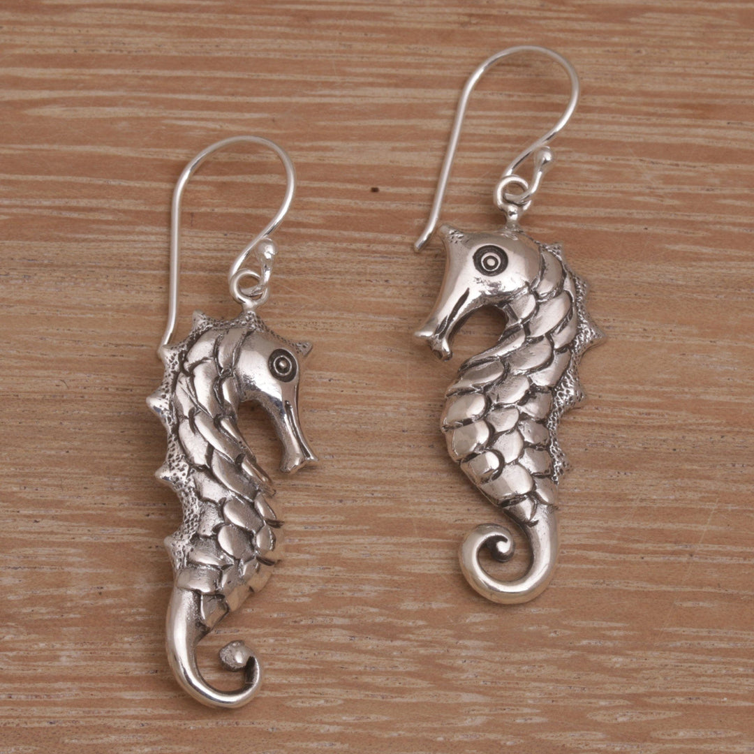 Seahorse Motif Dangle Earrings in Sterling Silver - Friendly Seahorse