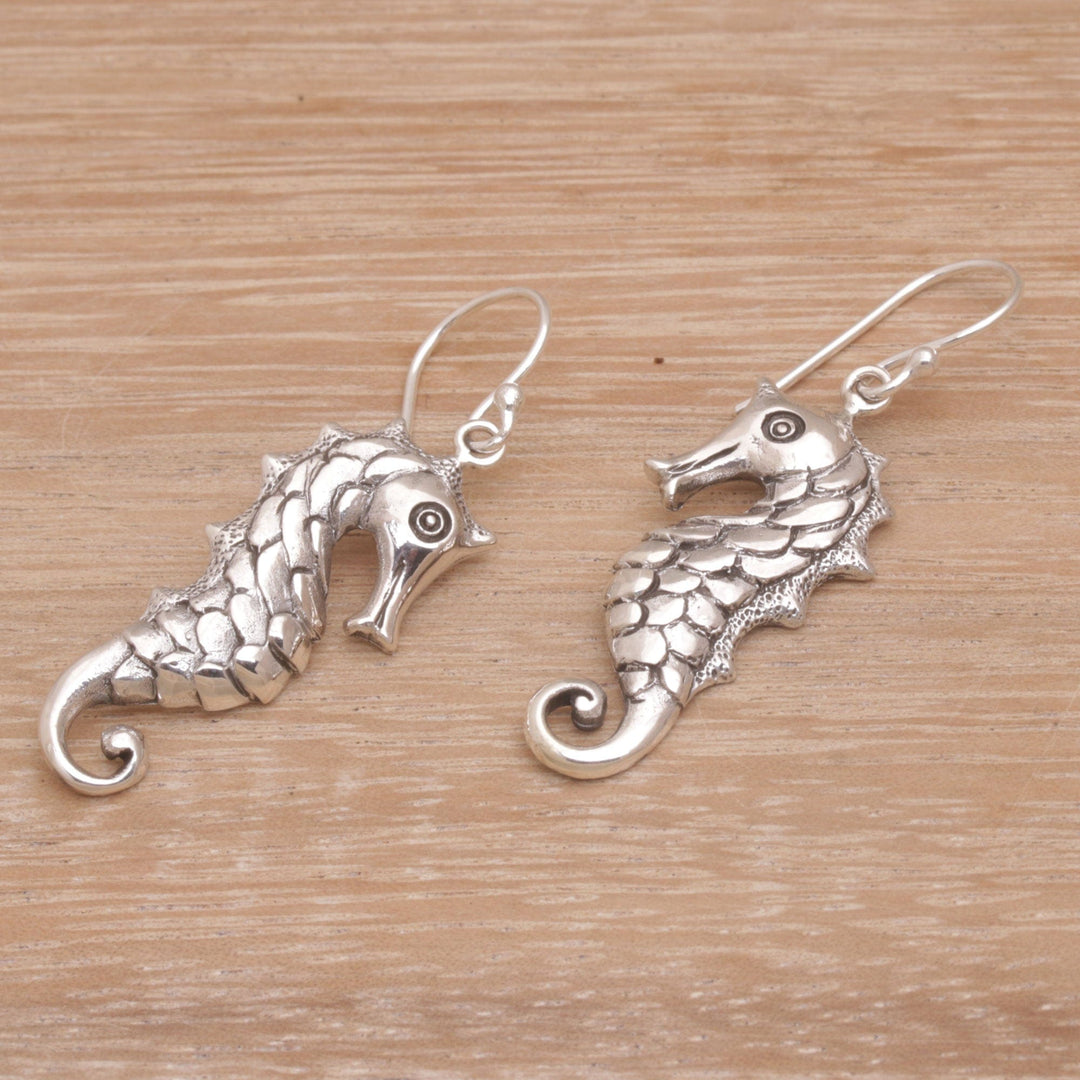 Seahorse Motif Dangle Earrings in Sterling Silver - Friendly Seahorse