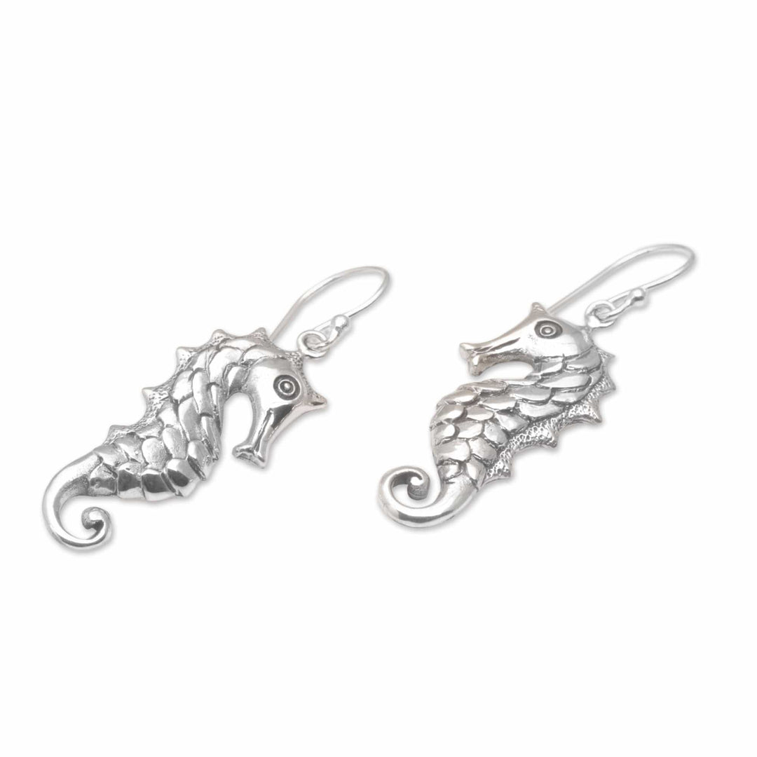 Seahorse Motif Dangle Earrings in Sterling Silver - Friendly Seahorse