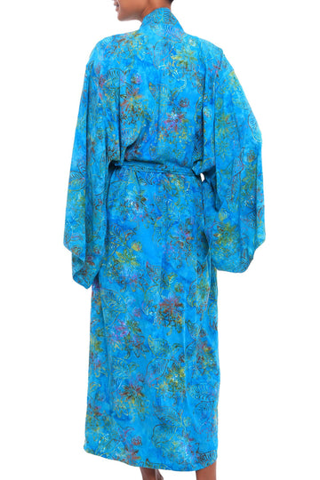 Turquoise Batik Long Sleeved Rayon Robe with Belt - Ocean Eden