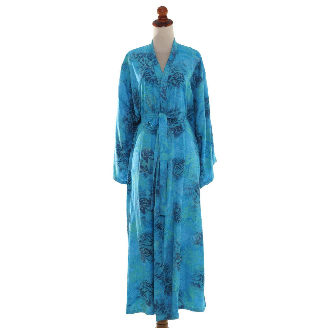 Blue and Green Rayon Morning Garden Batik Long Sleeved Robe - Daylight Eden