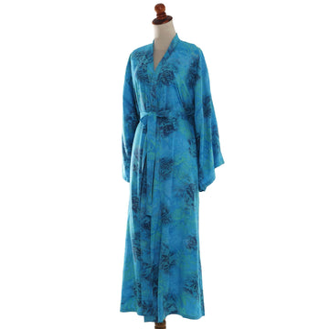 Blue and Green Rayon Morning Garden Batik Long Sleeved Robe - Daylight Eden