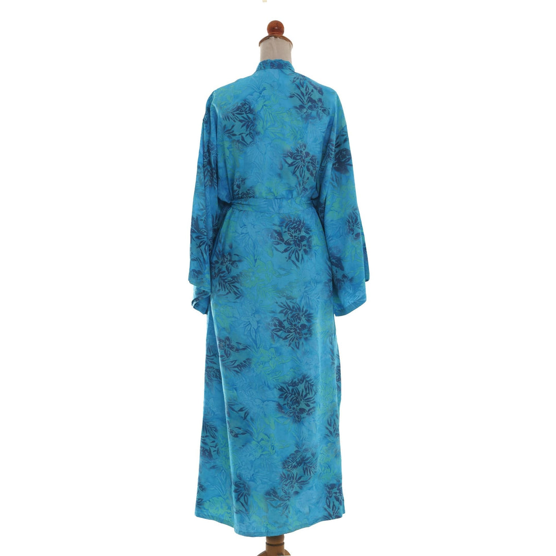 Blue and Green Rayon Morning Garden Batik Long Sleeved Robe - Daylight Eden