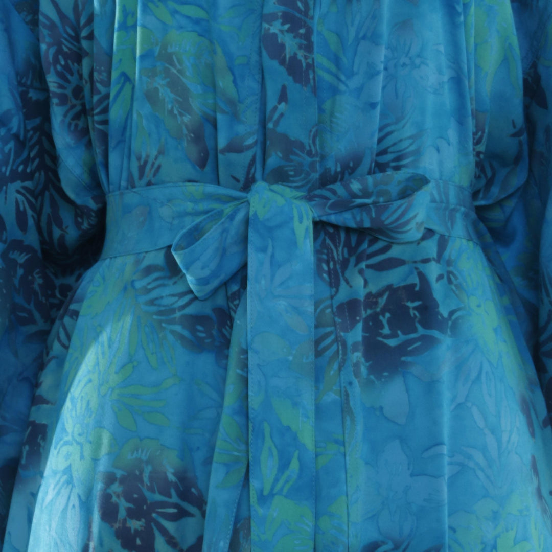 Blue and Green Rayon Morning Garden Batik Long Sleeved Robe - Daylight Eden