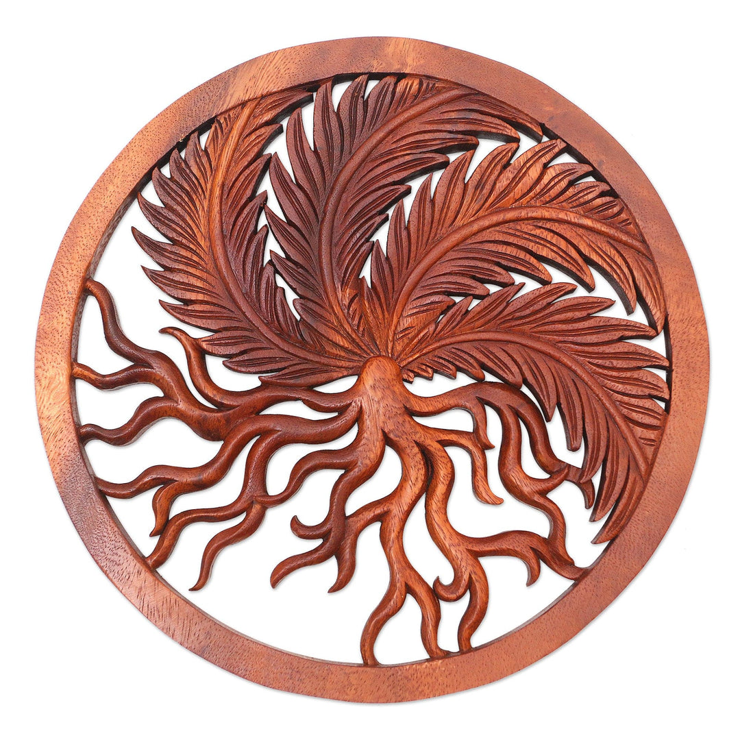 Hand Carved Suar Wood Plant Motif Wall Relief Panel - Growing Fern