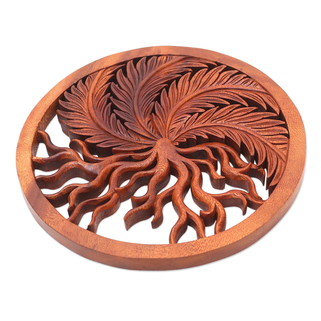 Hand Carved Suar Wood Plant Motif Wall Relief Panel - Growing Fern