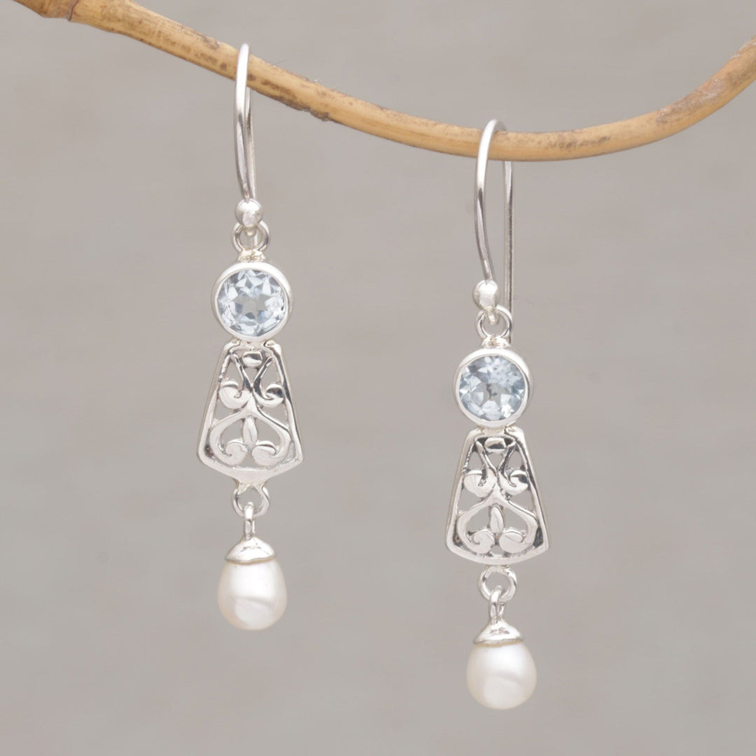 Hook Earrings with Blue Topaz and Cultured Pearl - Gracious Offering
