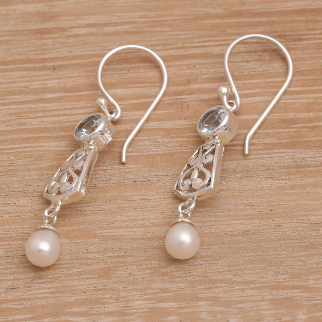 Hook Earrings with Blue Topaz and Cultured Pearl - Gracious Offering